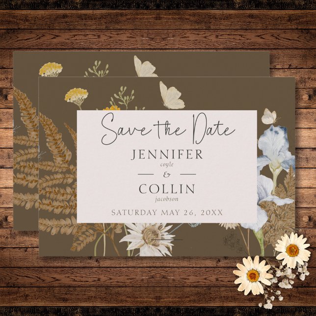 Save The Date Fleurs sauvages sur Mariage Brown (Wildflowers on Brown Wedding Save The Date)