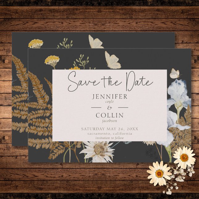 Save The Date Fleurs sauvages sur Mariage de charbon (Wildflowers on Charcoal Wedding Save The Date)