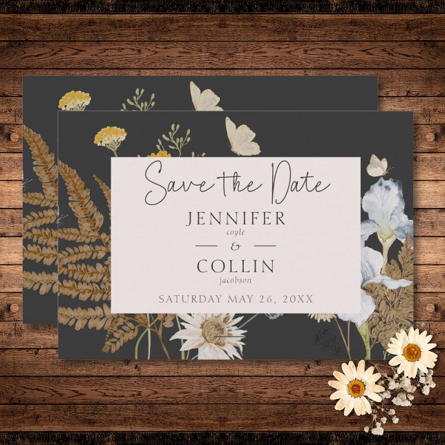 Save The Date Fleurs sauvages sur Mariage de charbon (Wildflowers on Charcoal Wedding Save The Date)