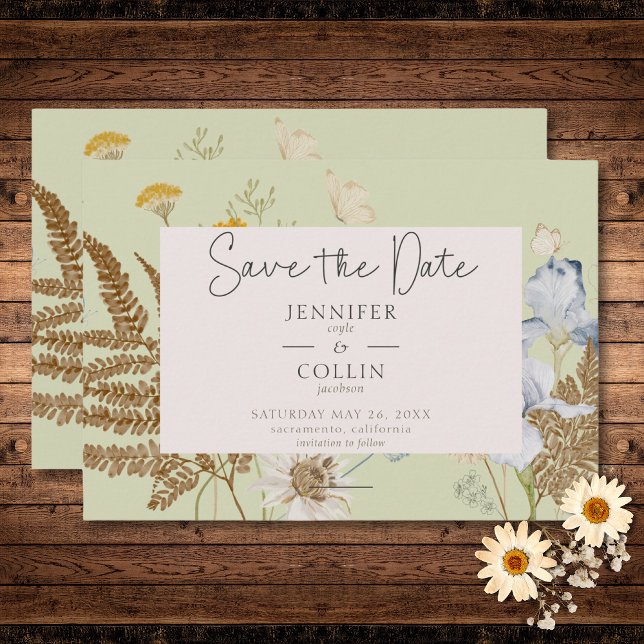 Save The Date Fleurs sauvages sur Mariage de lumière (Wildflowers on Light Sage Wedding Save The Date)