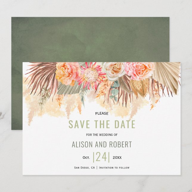 Save The Date Fleurs séchées et pampas herbe tachée vert (Devant / Derrière)