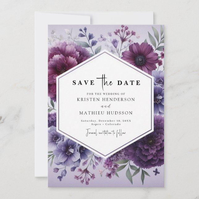 Save The Date Fleurs simples Mariage floral violet (Devant)