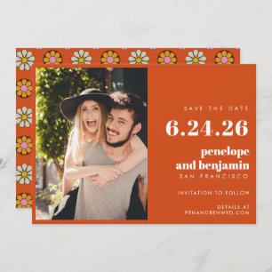 Save The Date Fleurs super rétro Mariage photo orange rose