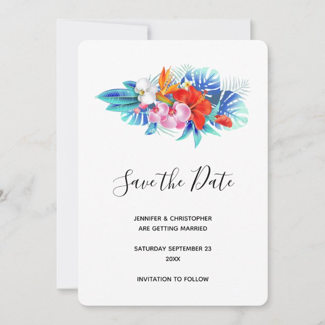 Save The Date Fleurs tropicales exotiques - Rose & Aqua (Devant)