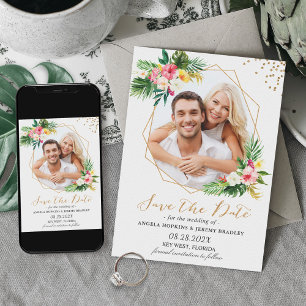 Save The Date Fleurs tropicales Gold Photo géométrique