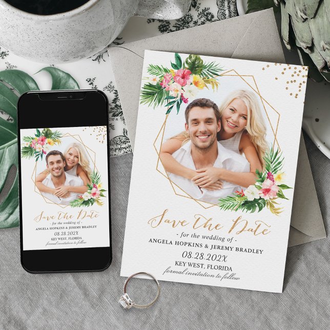 Save The Date Fleurs tropicales Gold Photo géométrique (Créateur téléchargé)