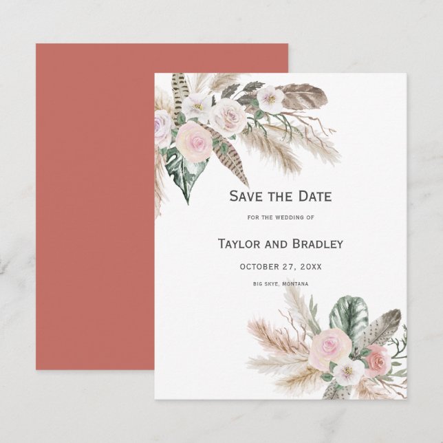 Save The Date Fleurs tropicales Herbe des Pampas, Plumes, Rustiq (Devant / Derrière)