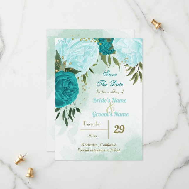 Save The Date fleurs turquoise vert feuille (Devant/Arrière en situation)