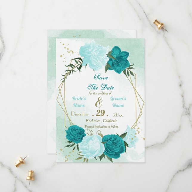 Save The Date fleurs turquoise vert feuille (Devant/Arrière en situation)