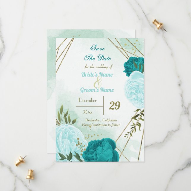 Save The Date fleurs turquoise vert feuille (Devant/Arrière en situation)