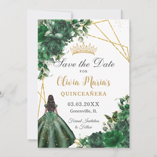 Save The Date Fleurs vert émeraude chic Brown fille Quinceañera (Devant)