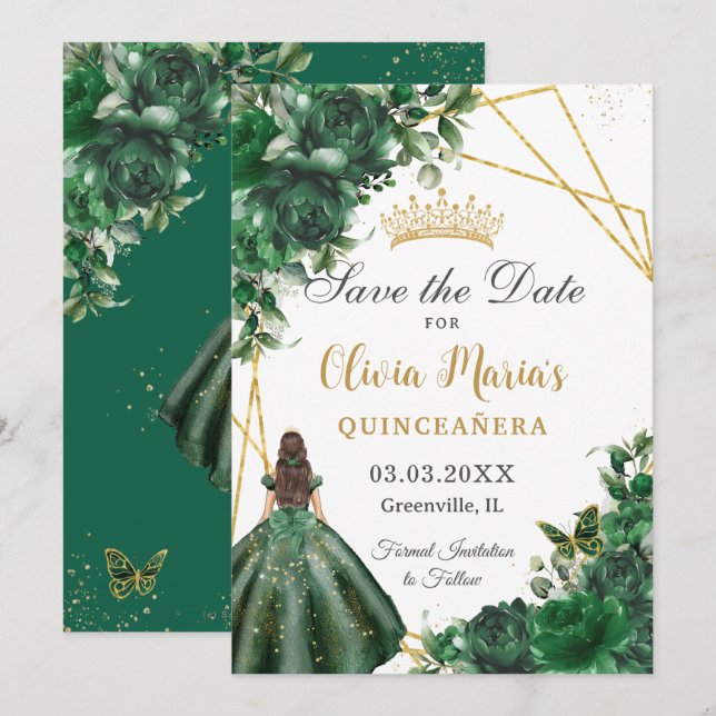 Save The Date Fleurs vert émeraude chic Princesse Quinceañera (Devant / Derrière)