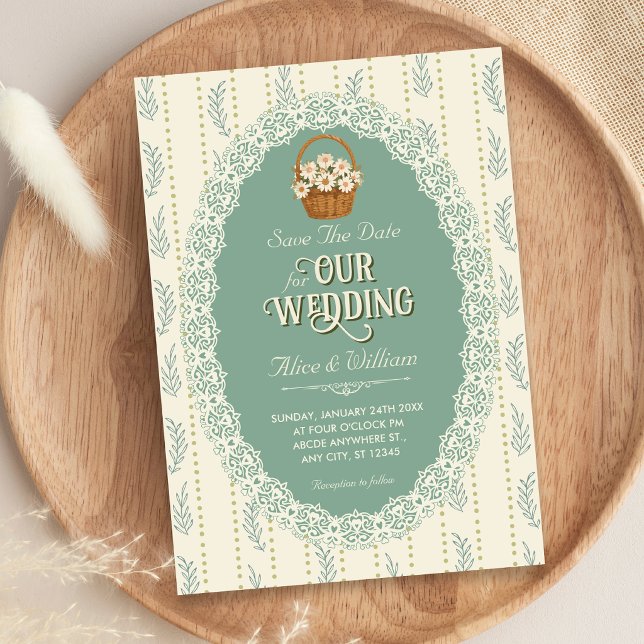 Save The Date Fleurs vintage vert crème  (Créateur téléchargé)