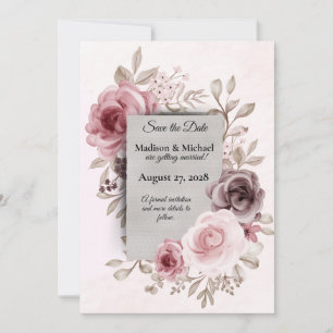 Save The Date Fleurs Vintages magnifiques sur Mariage rose pâle