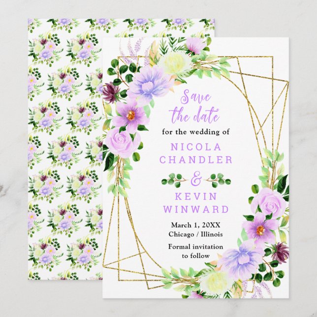 Save The Date Fleurs violettes de printemps avec feuillage (Devant / Derrière)