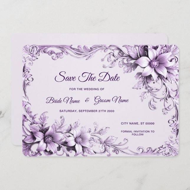 Save The Date Fleurs violettes Élégantes Enregistrer La Date (Devant / Derrière)