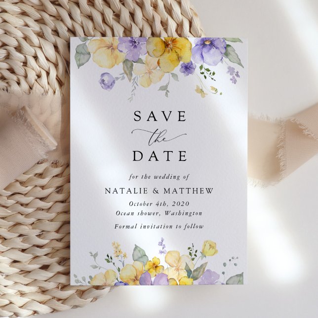 Save The Date Fleurs violettes, Fleurs jaunes, Verdure, Mariage (Créateur téléchargé)