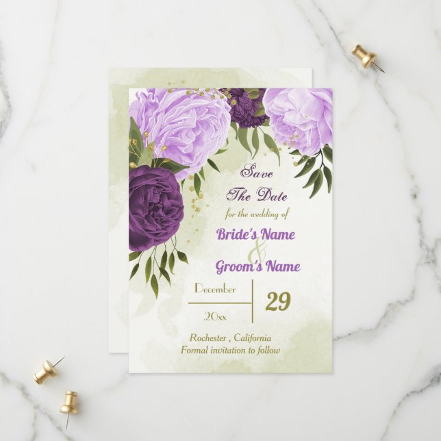 Save The Date fleurs violettes vert feuilles (Devant/Arrière en situation)