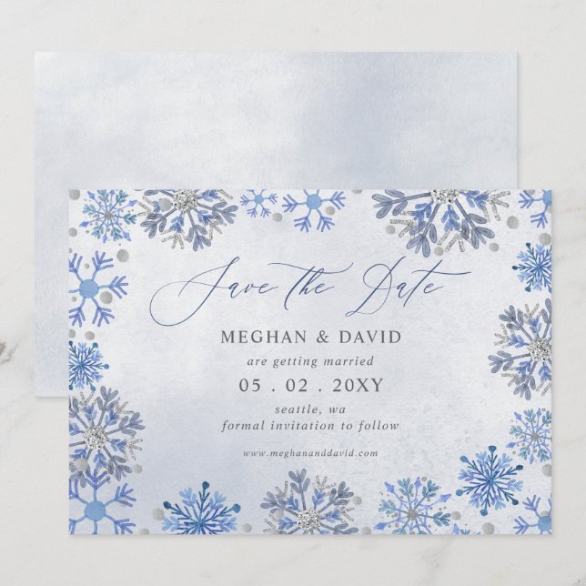 Save The Date Flocons de Neige Argent Bleu Noël Hiver Mariage (Devant / Derrière)