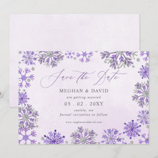 Save The Date Flocons de Neige Argent Violet Noël Hiver Mariage