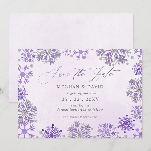 Save The Date Flocons de Neige Argent Violet Noël Hiver Mariage (Devant / Derrière)