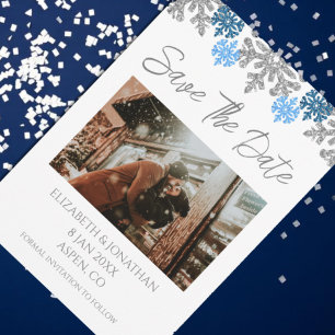 Save The Date Flocons de neige bleu argent Mariage d'hiver