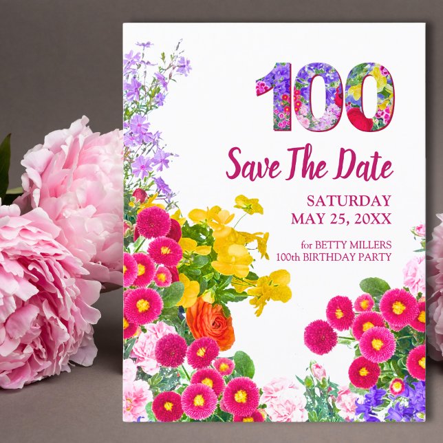 Save The Date Floral 100 ans Fleurs 100e fête d'anniversaire (Créateur téléchargé)