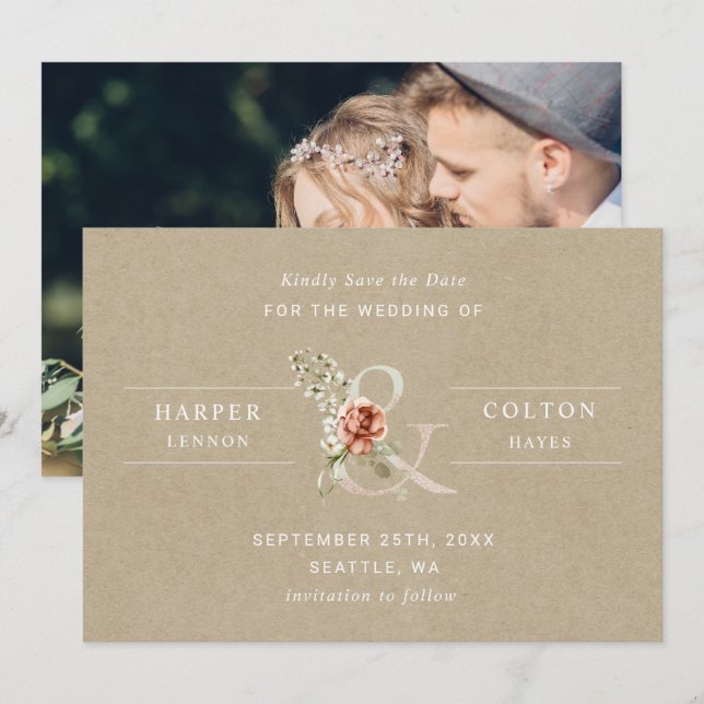 Save The Date Floral Ampersand Rustique Kraft Photo Mariage (Devant / Derrière)