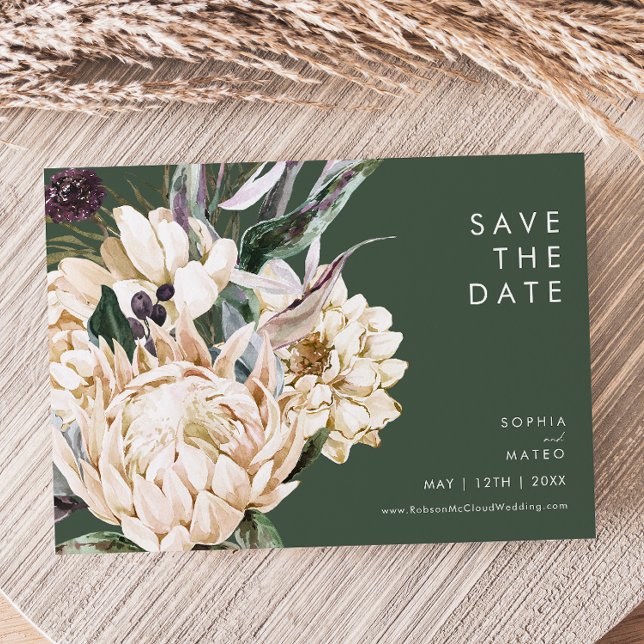 Save The Date Floral blanc | Vert foncé Horizontal Enregistrer L (Créateur téléchargé)