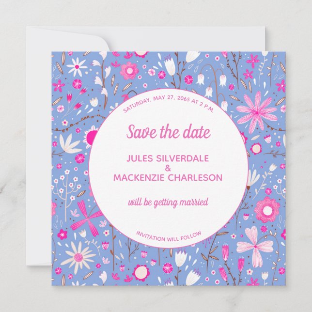 Save The Date Floral Bleu Mariage moderne (Devant)