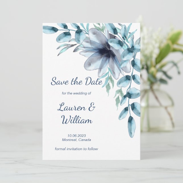 Save The Date Floral bleu poussiéreux (Debout devant)