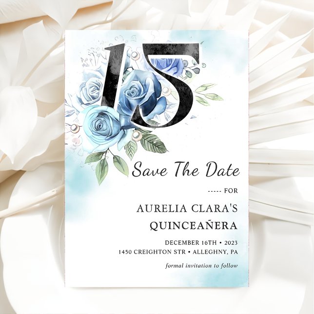 Save The Date Floral bleu rustique Quinceanera 15e anniversaire (Créateur téléchargé)