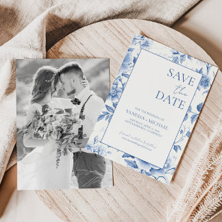 Save The Date Floral Bleu Toile Blanche De Jouy Photo