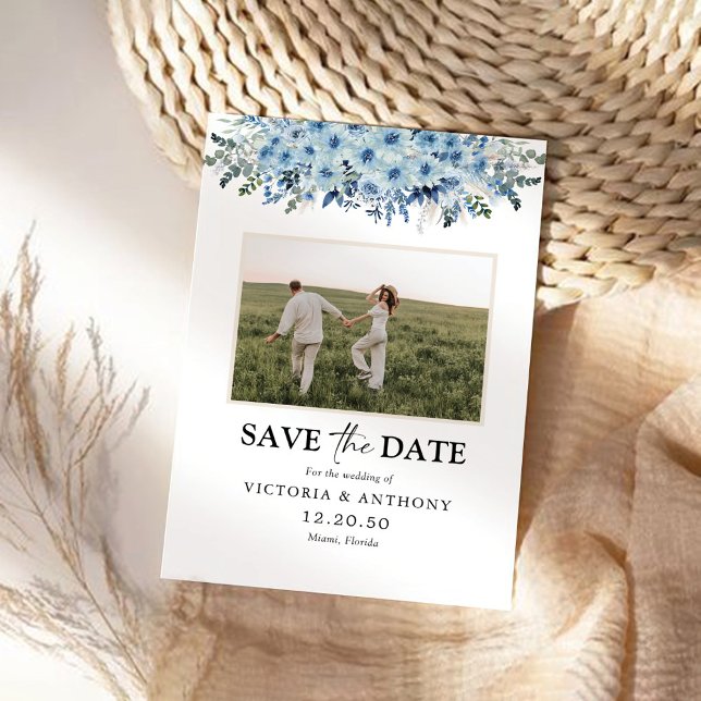 Save The Date Floral Boho Bleu Sauver la date avec photo (Créateur téléchargé)