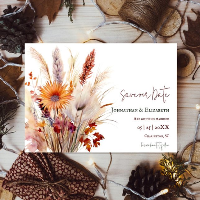 Save The Date Floral Boho d'automne | Blanc Enregistrer La Date (Autumn Boho Floral White Save the Date)