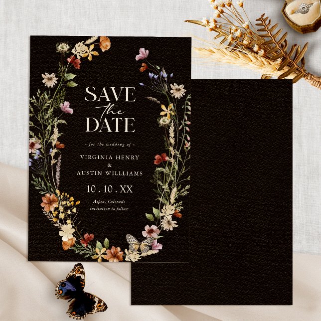 Save The Date Floral Boho Noir Enregistrer La Date (Black Boho Watercolor Floral Save The Date by Painted Paperie
)