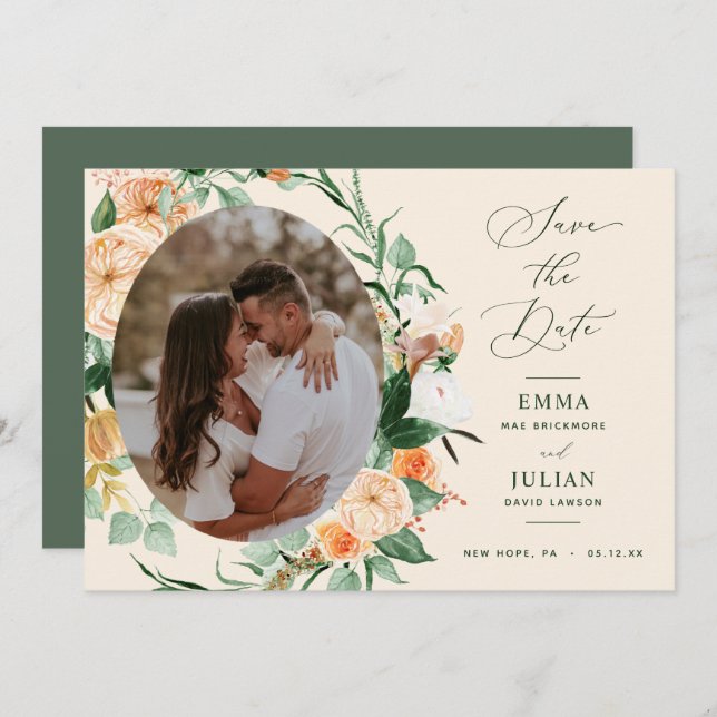 Save The Date Floral Botanique Bohème Vert Pêche Neutre (Devant / Derrière)