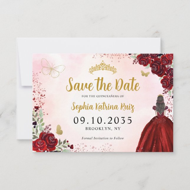 Save The Date Floral Bourgogne Gold Princesse Anniversaire Quinc (Devant)