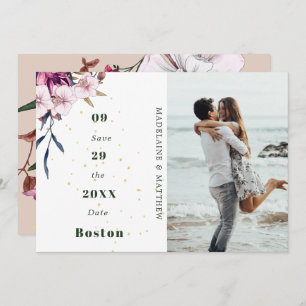 Save The Date Floral Bourgogne Photo Gold Blush Élégant Chic