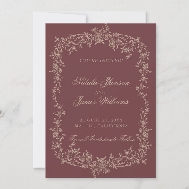 Save The Date Floral Burgundy Beige Botanical Old Money Wedding (Dos)