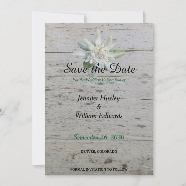 Save The Date Floral Edelweiss fleur alpine Mariage en bois de g (Devant)