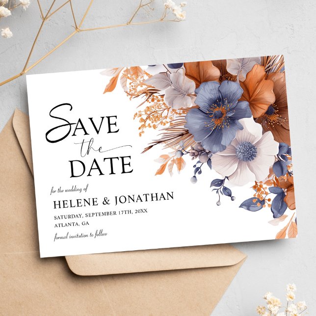 Save The Date Floral Elegant Dusty Blue Terracotta Mariage (Floral Elegant Dusty Blue Terracotta Wedding Save The Date)
