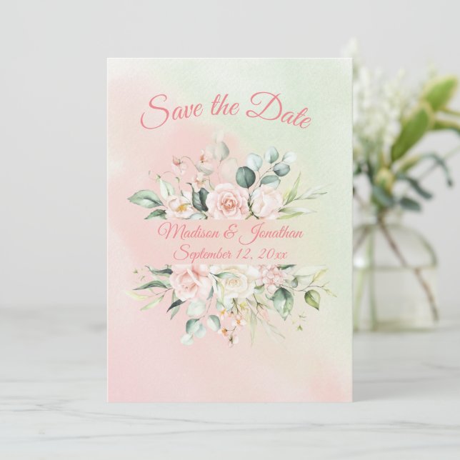 Save The Date Floral Elegant Rose Aquarelle Script Nom Mariage (Debout devant)