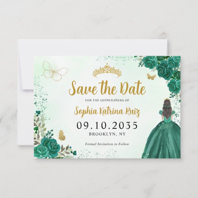 Save The Date Floral Emerald Green Princesse Anniversaire Quince (Devant)