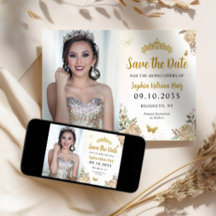 Save The Date Floral Gold Princess Anniversaire Quinceanera Phot