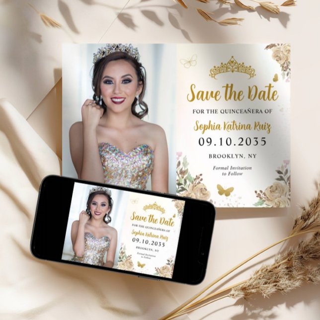Save The Date Floral Gold Princess Anniversaire Quinceanera Phot (Créateur téléchargé)