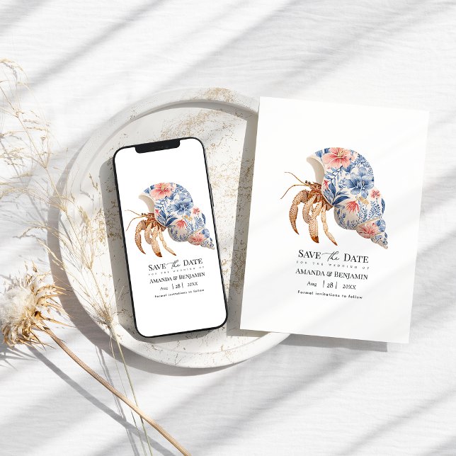 Save The Date Floral Hermit Crab Coastal Beach Wedding Nautical (Floral Hermit Crab Coastal Beach Wedding Nautical Save The Date)