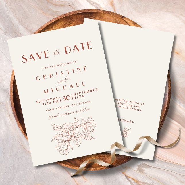 Save The Date Floral Ivory Terracotta Mariage élégant (Floral Ivory Terracotta Elegant Wedding Save the Date Invitation with Magnolia Line Art, Website.)