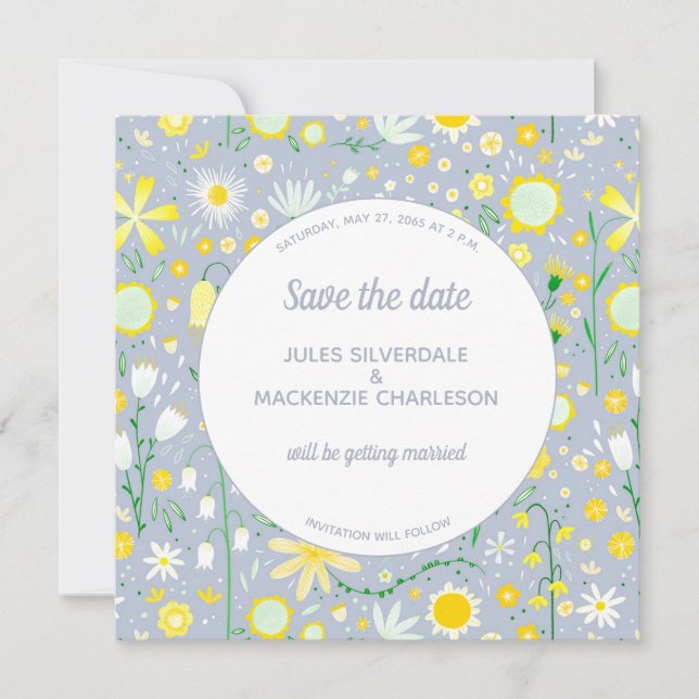 Save The Date Floral jaune bleu moderne (Devant)