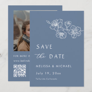 Save The Date Floral Line Art Dusty Blue Arched